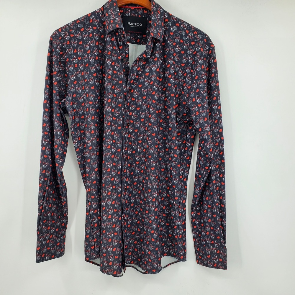 Maceoo Fibonacci Skullheart 33 Black Red Skull Heart Stretch Button Up Shirt